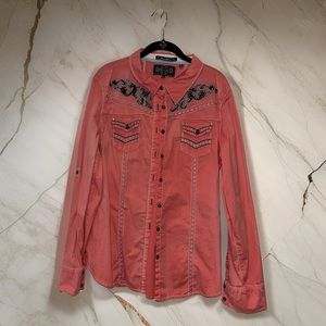 Women’s western style shirt, button up, long sleeve beaded and embroider size L
